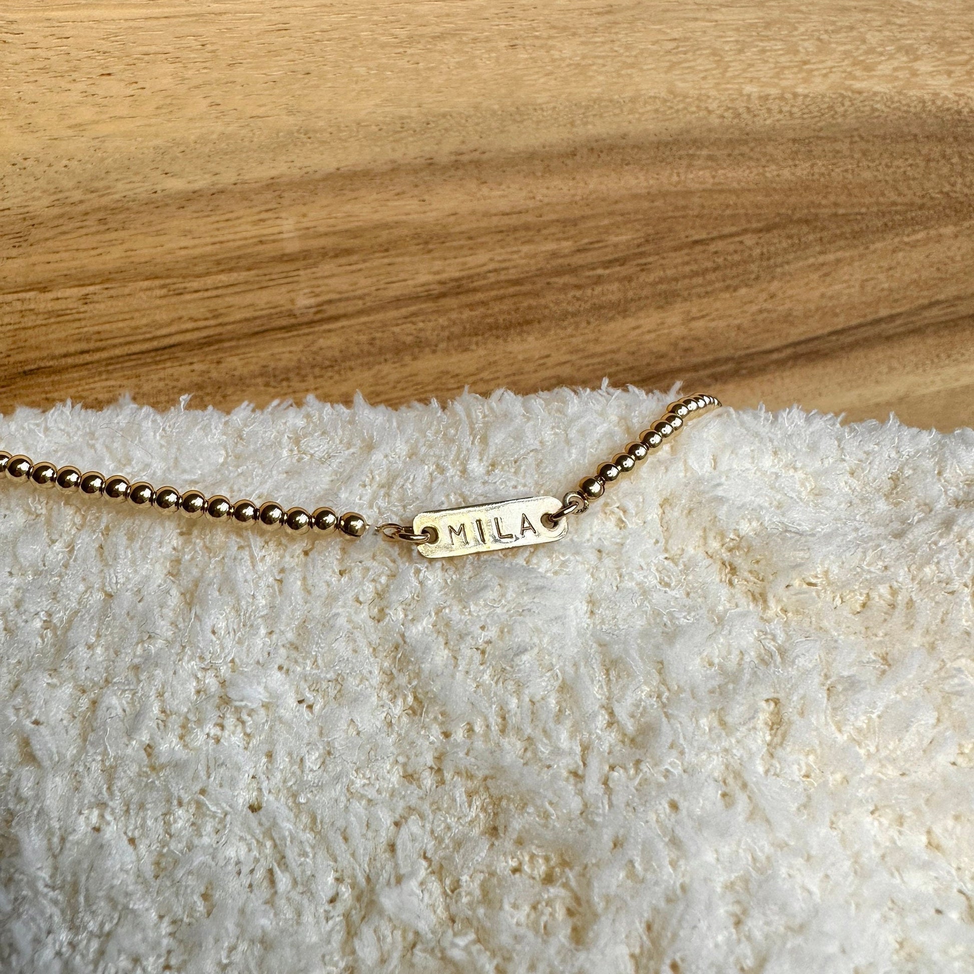 Handmade 3mm Gold Filled Bead Bracelet, Name Plate Bracelet, Pearl Bracelet, Paperclip Chain Bracelet
