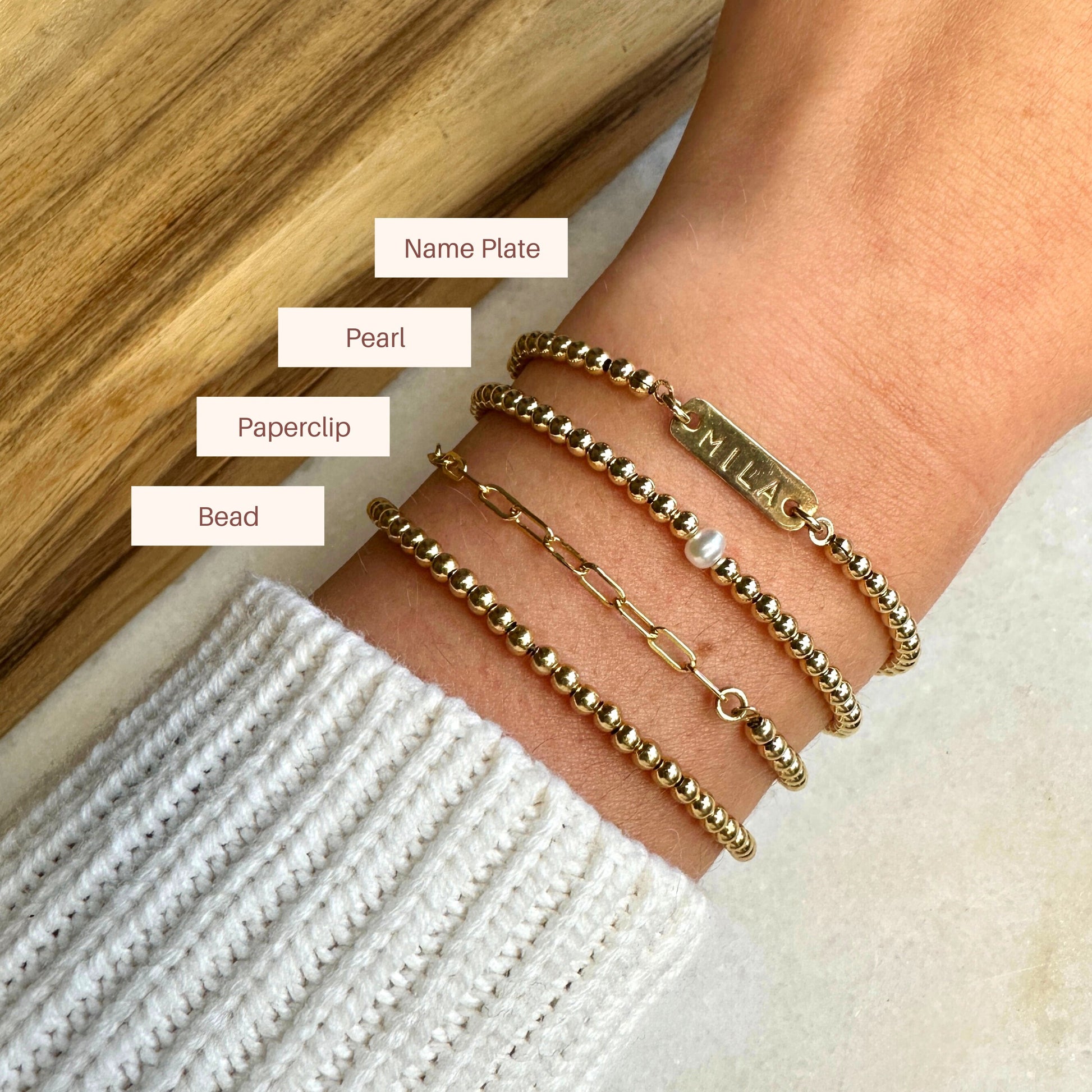 Handmade 3mm Gold Filled Bead Bracelet, Name Plate Bracelet, Pearl Bracelet, Paperclip Chain Bracelet