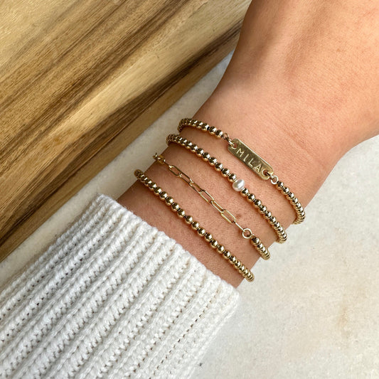 Handmade 3mm Gold Filled Bead Bracelet, Name Plate Bracelet, Pearl Bracelet, Paperclip Chain Bracelet