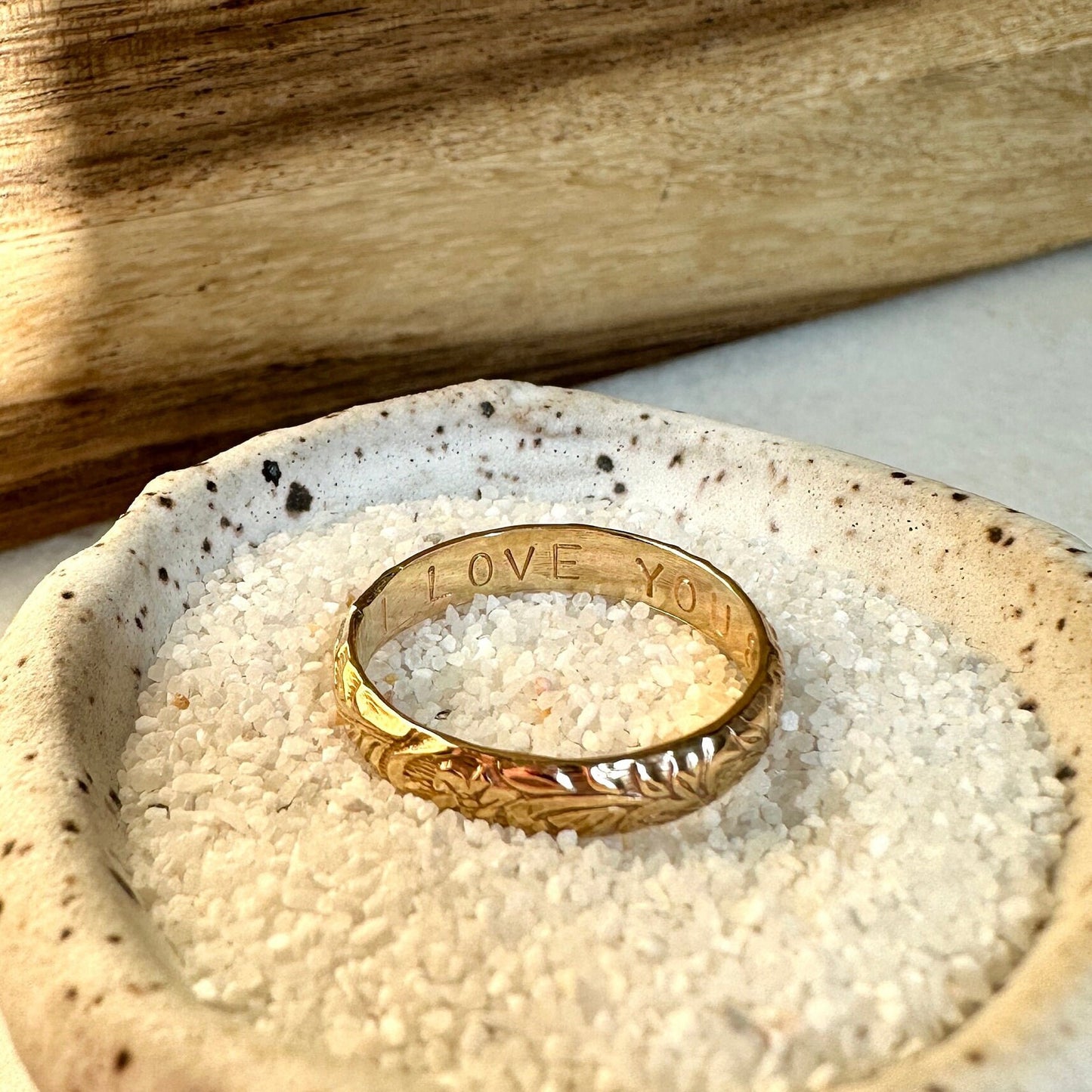 Hand Stamped Gold Floral Ring, Thick Gold Filled Ring
