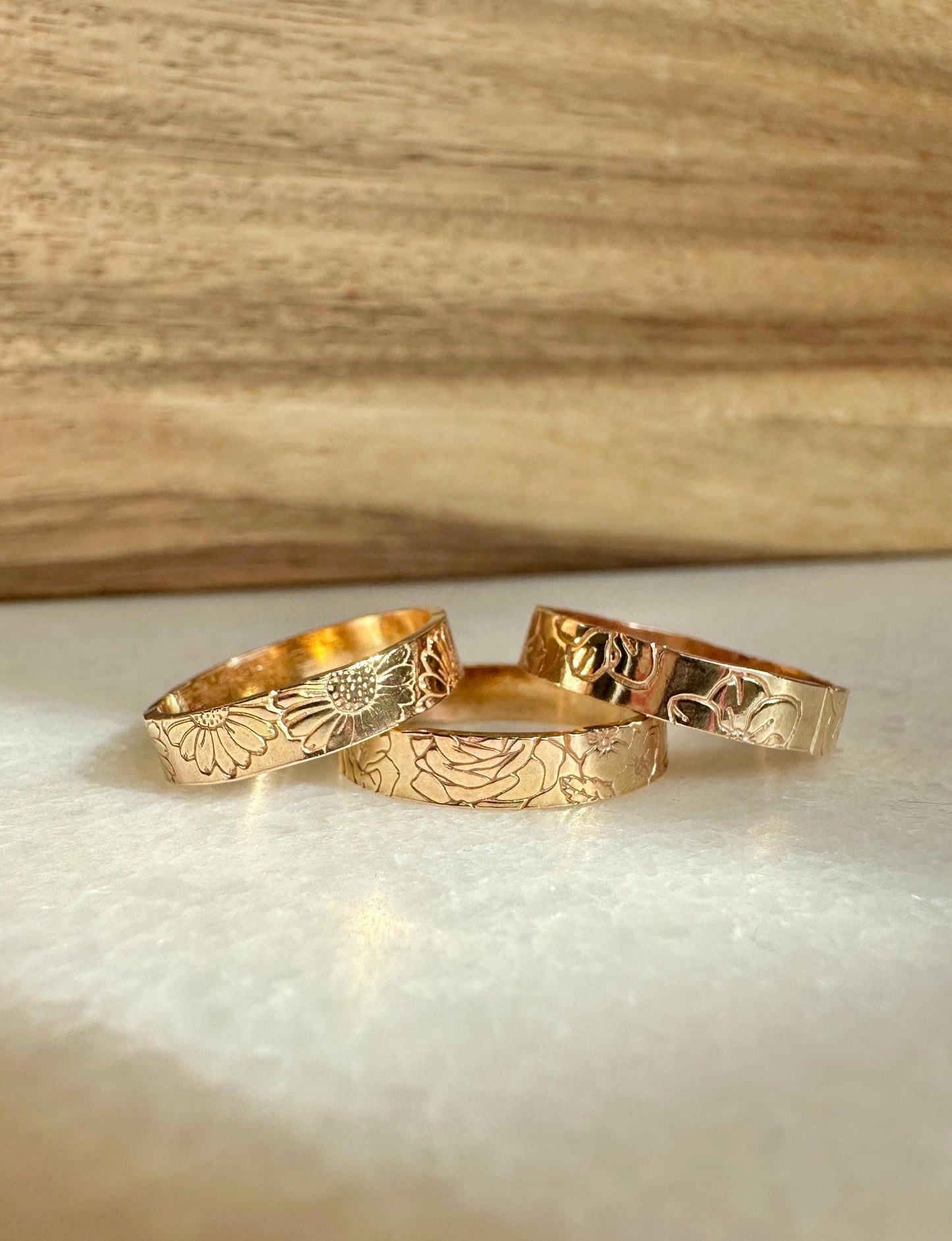 Hand Stamped Gold Birth Flower Ring, Gold Filled Floral Band, 4mm Thick Ring