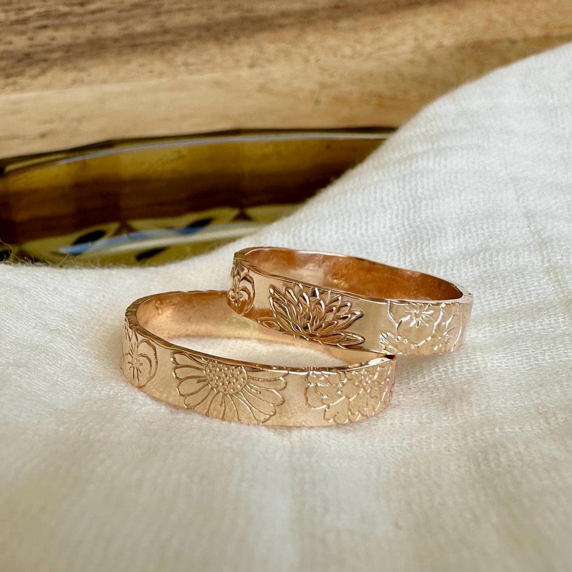 Hand Stamped Gold Birth Flower Ring, Gold Filled Floral Band, 4mm Thick Ring