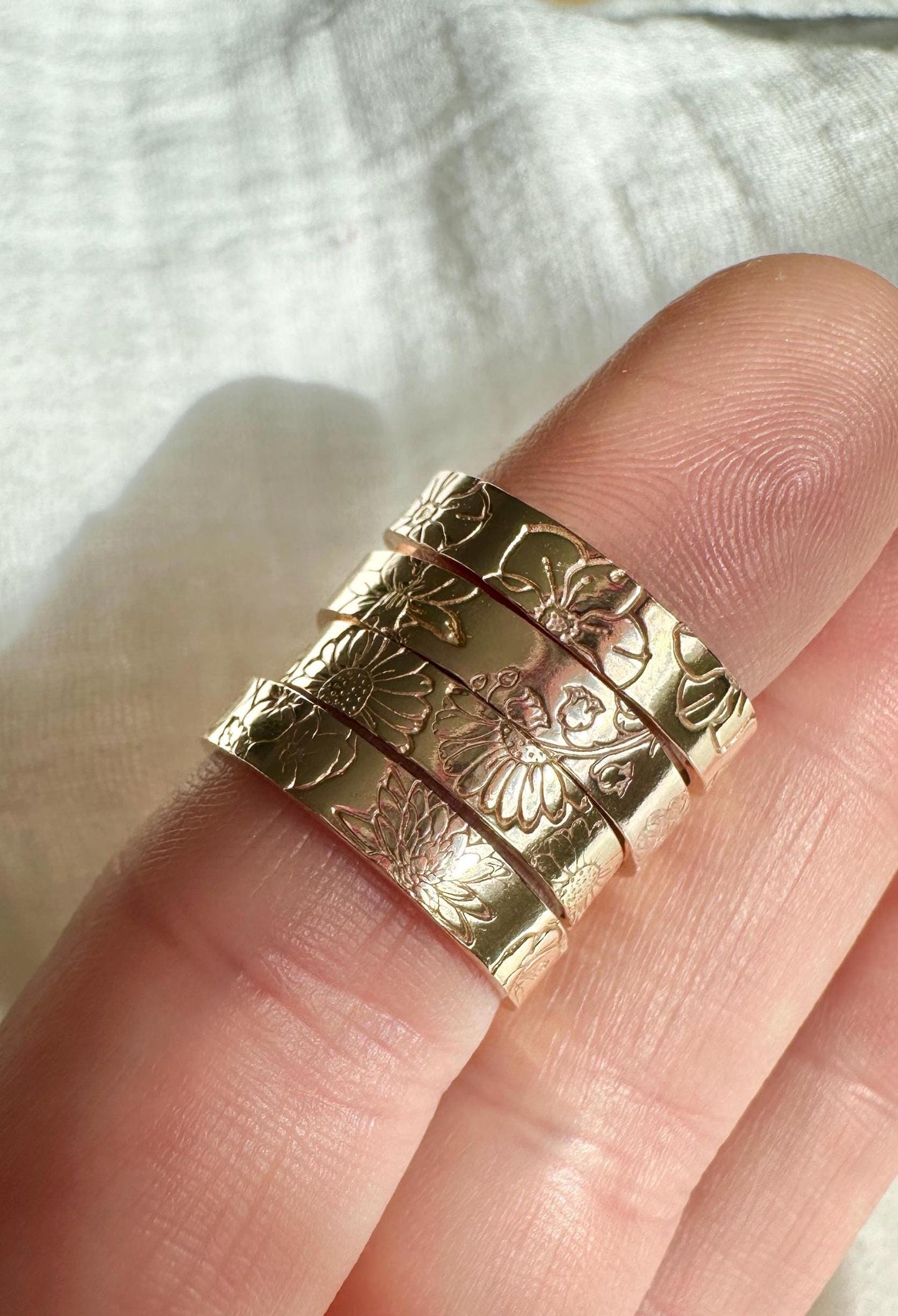 Hand Stamped Gold Birth Flower Ring, Gold Filled Floral Band, 4mm Thick Ring