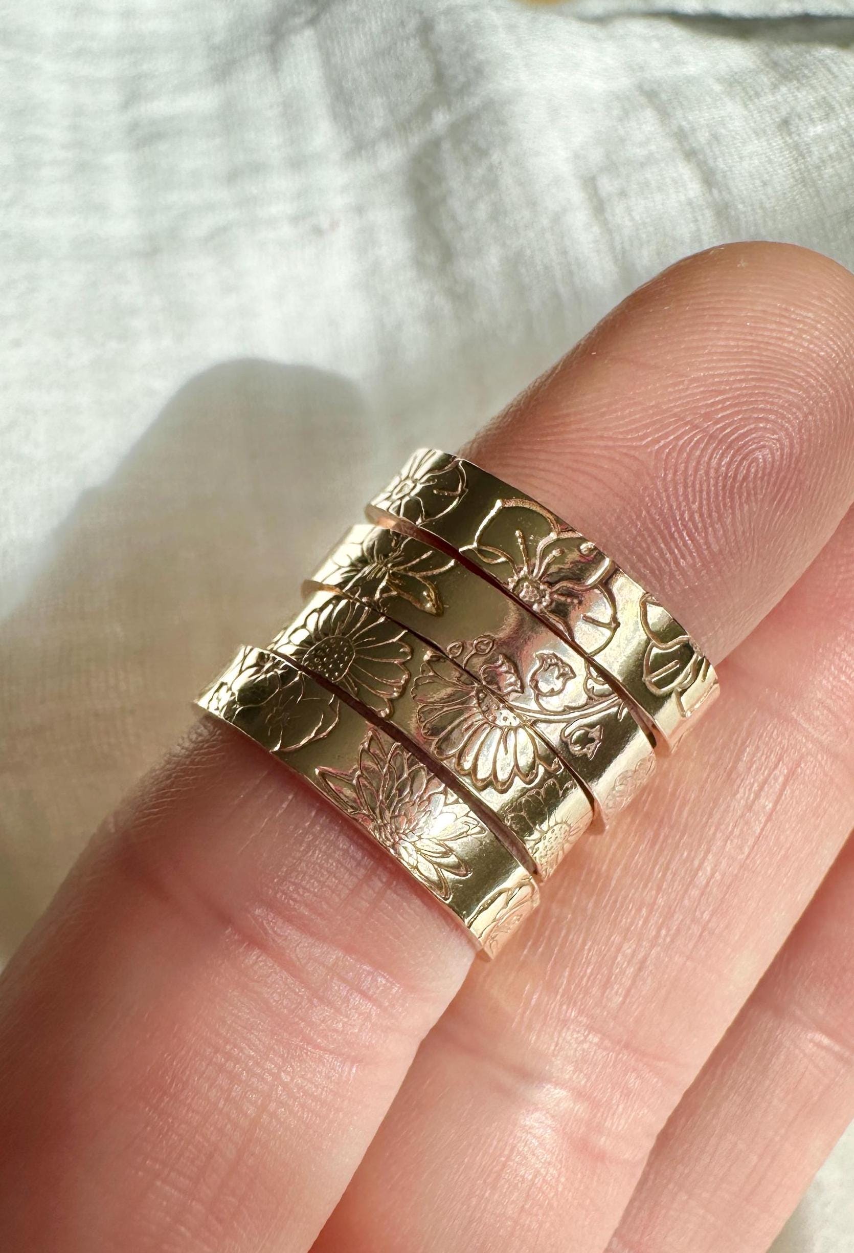 Hand Stamped Gold Birth Flower Ring, Gold Filled Floral Band, 4mm Thick Ring