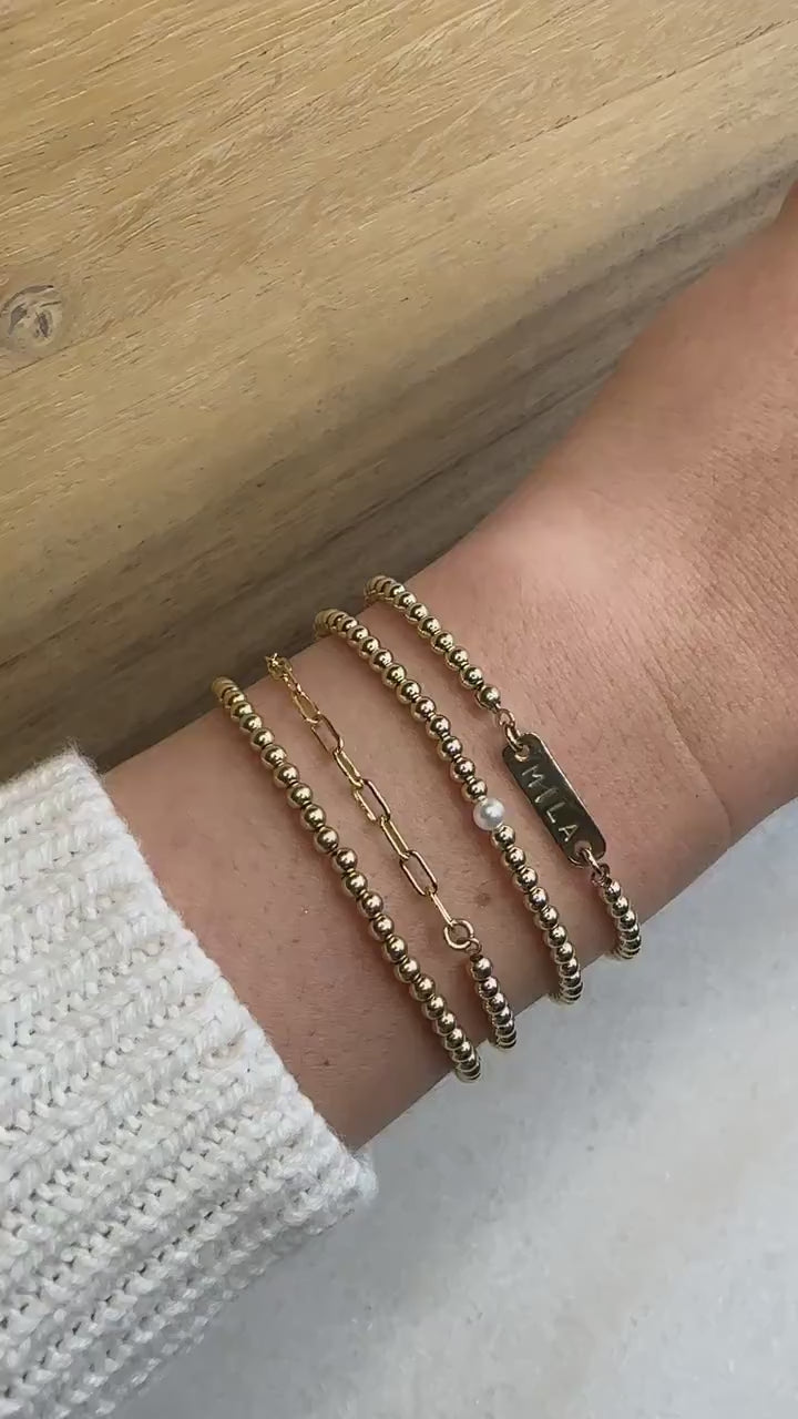 Handmade 3mm Gold Filled Bead Bracelet, Name Plate Bracelet, Pearl Bracelet, Paperclip Chain Bracelet