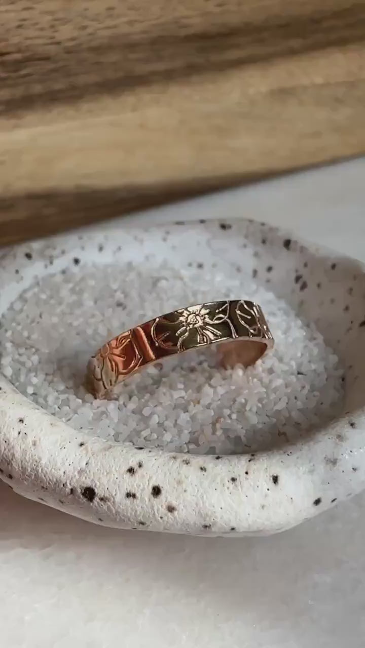 Hand Stamped Gold Birth Flower Ring, Gold Filled Floral Band, 4mm Thick Ring