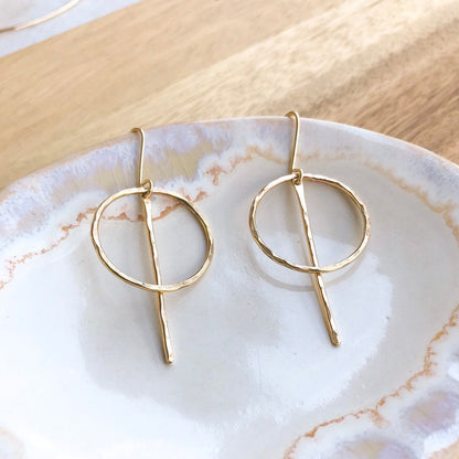 Gold Circle Bar Earrings, Circle Earrings, Simple Gold Hoops Earrings, Hoop Drop Earrings, Long Gold Earrings, Geometric Earrings, Earrings