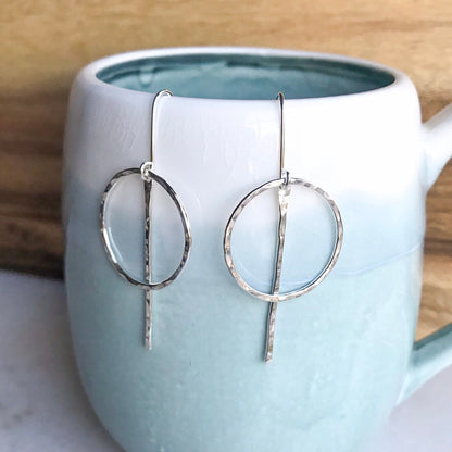 Silver Circle Bar Earrings, Circle Earrings, Simple Gold Hoops Earrings, Hoop Drop Earrings, Long Silver Earrings, Geometric Earrings