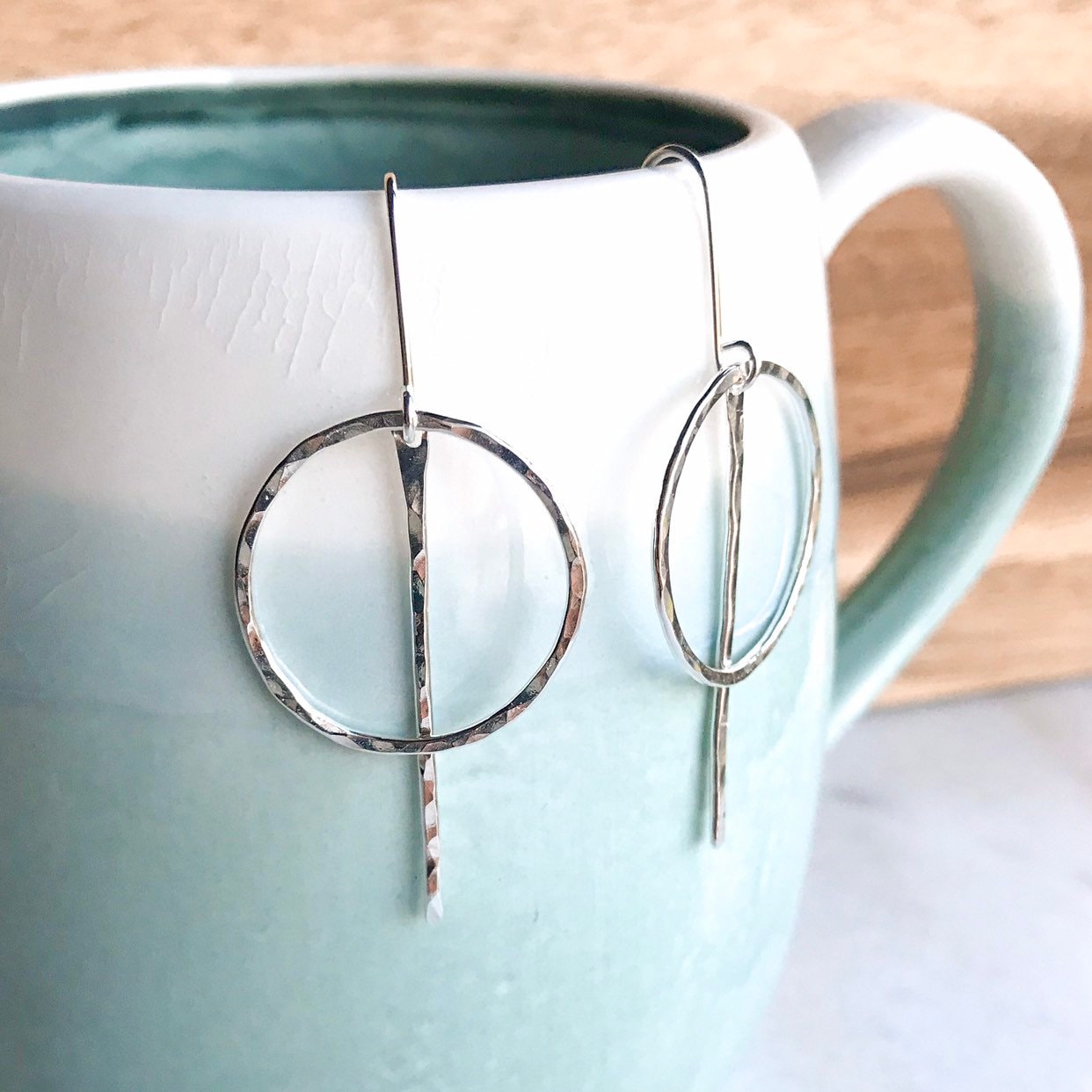 Silver Circle Bar Earrings, Circle Earrings, Simple Gold Hoops Earrings, Hoop Drop Earrings, Long Silver Earrings, Geometric Earrings