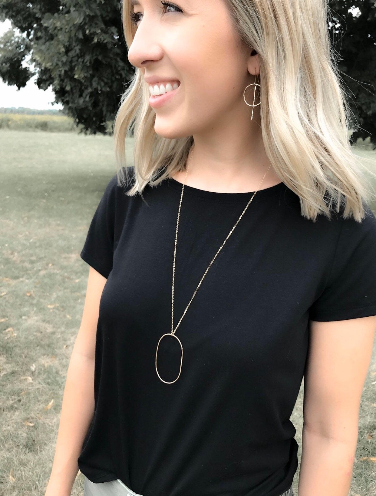 Oval Necklace, Delicate Gold Circle Oval Necklace, Long Oval Necklace, Long Gold Necklace, Open Circle Necklace, Hammered Oval Necklace