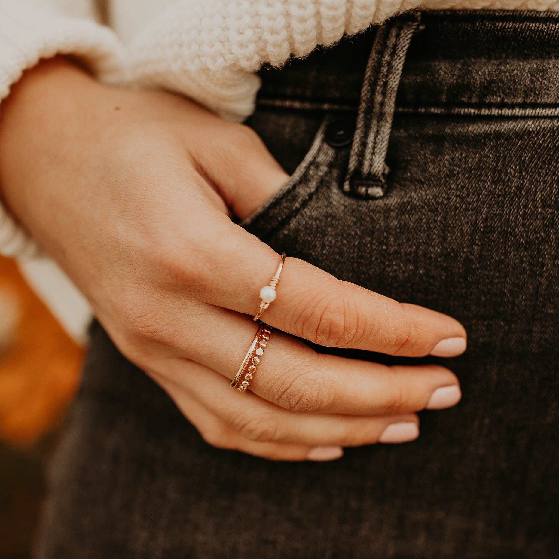 Pearl Band Thin Stacking Ring, Ultra Thin Gold Ring, Hammered Stacking Ring, Gold Fill Stacking Ring, Stackable Ring