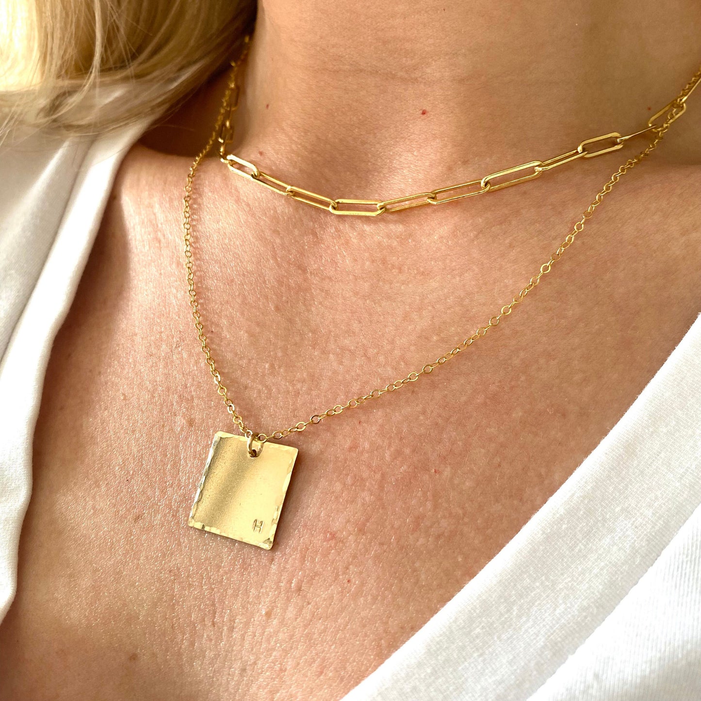 Gold Initial Pendant Necklace, Custom Square Initial Pendant Necklace