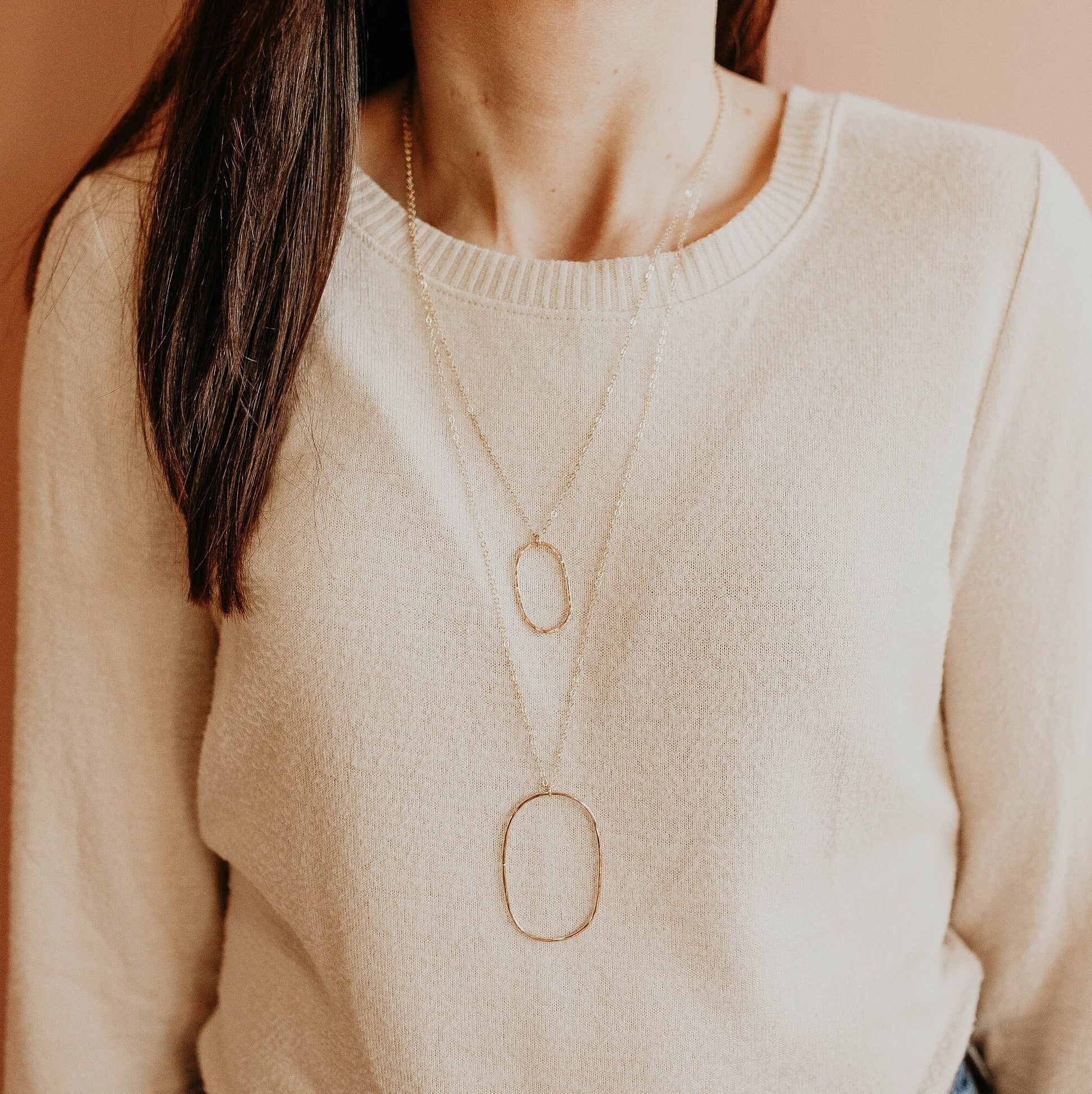 Oval Necklace, Delicate Gold Circle Oval Necklace, Long Oval Necklace, Long Gold Necklace, Open Circle Necklace, Hammered Oval Necklace