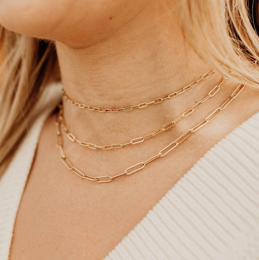 Paperclip Chain Necklace, Solid 14K Gold Fill Ladies Rectangle Link Necklace , Multiple Sizes, With or Without Extender, Gold Necklace