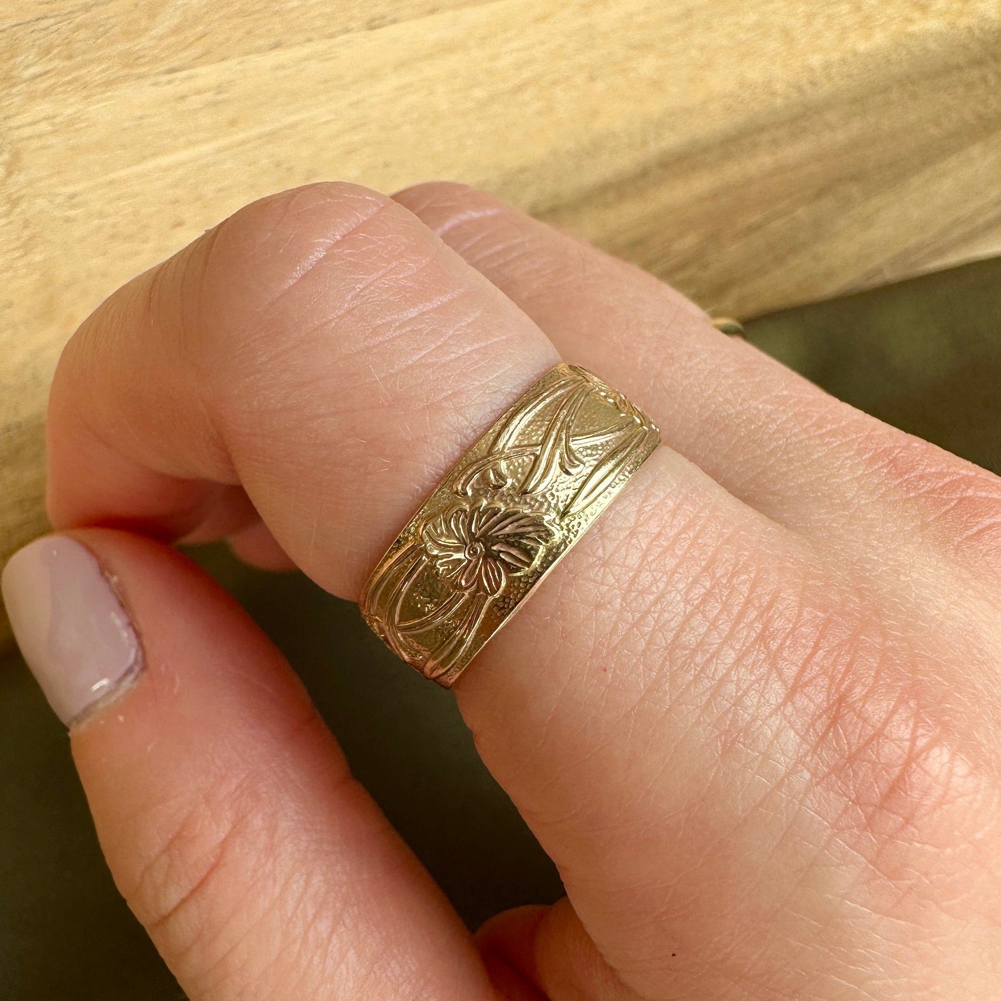 Vintage Wide Gold Floral Ring, Thick Gold Filled Ring