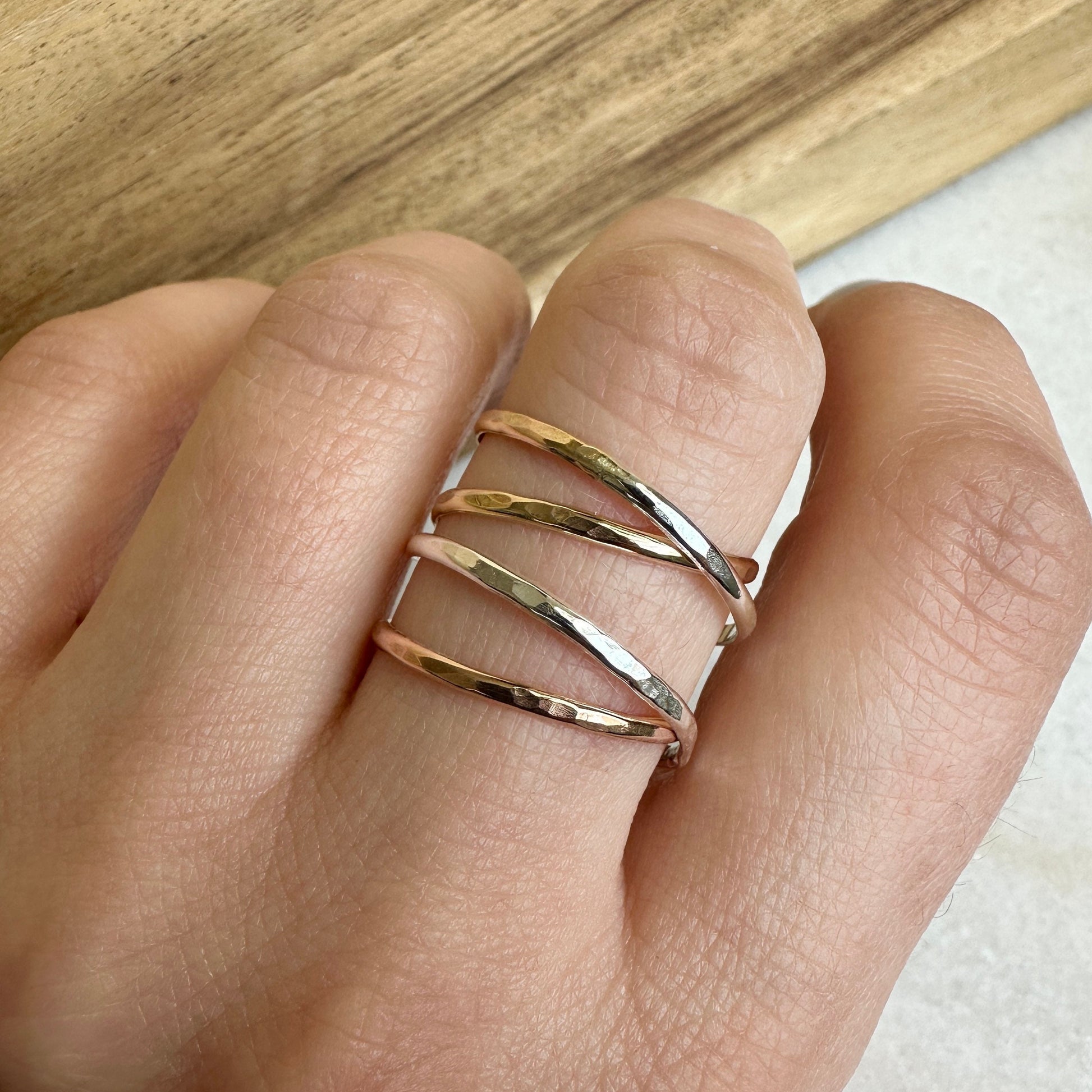 Triple Mixed Metal Wrap Ring, Wraparound Ring, Tri Color Gold, Silver and Rose