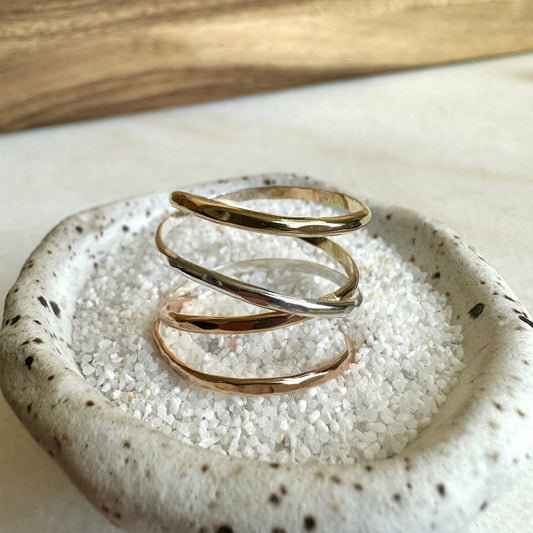 Triple Mixed Metal Wrap Ring, Wraparound Ring, Tri Color Gold, Silver and Rose