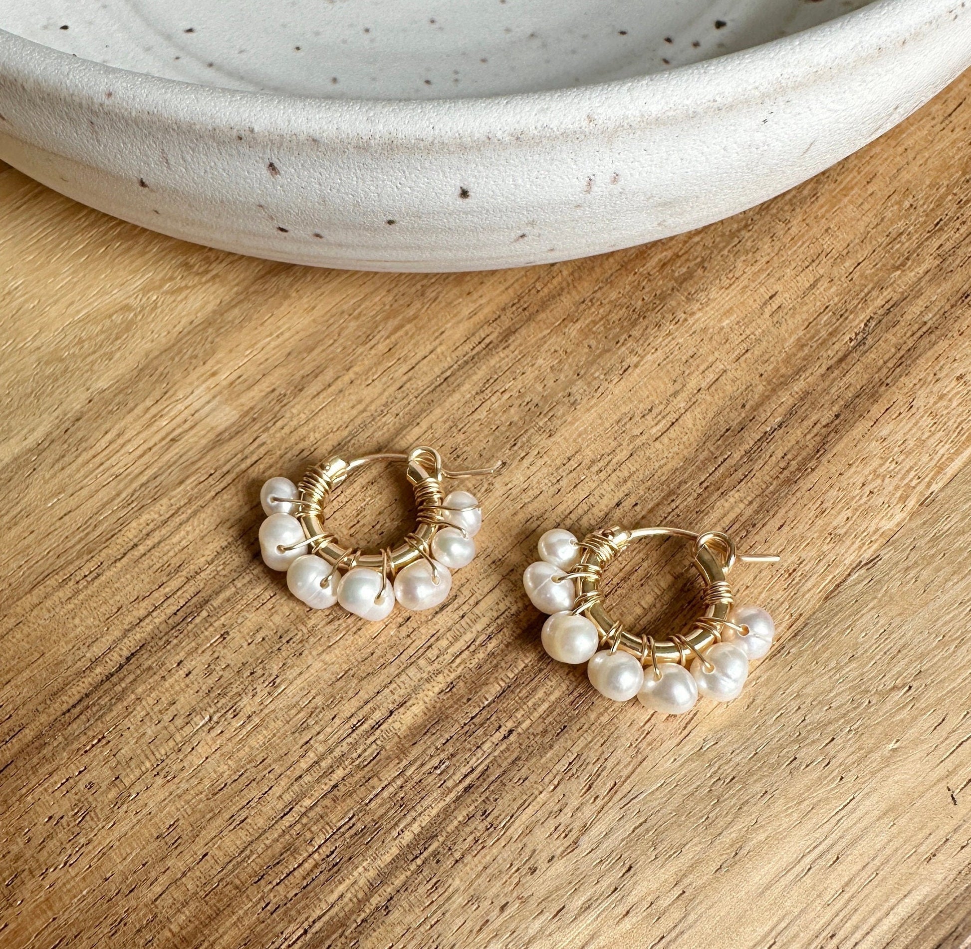 Gold Pearl Huggie Hoop Earrings, Tube Minimalist Earrings, Dainty Earrings, Gold Earrings