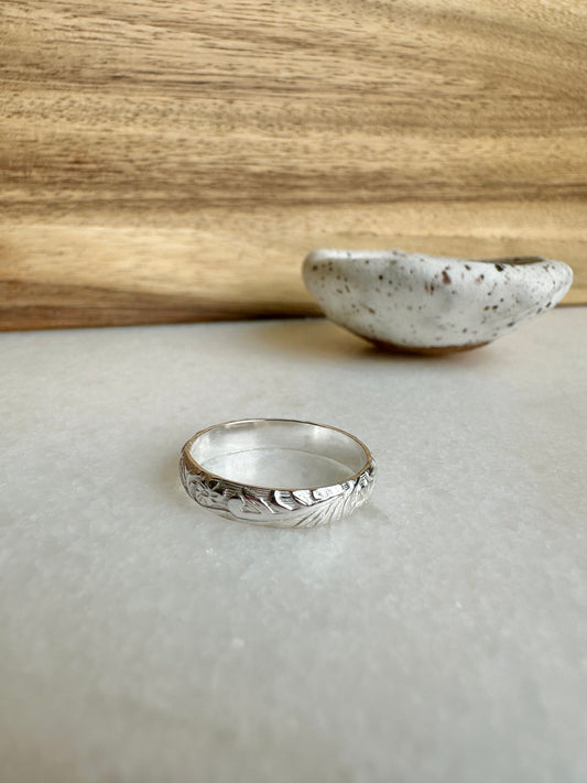 Silver Floral Ring, Thick Sterling Silver Ring,