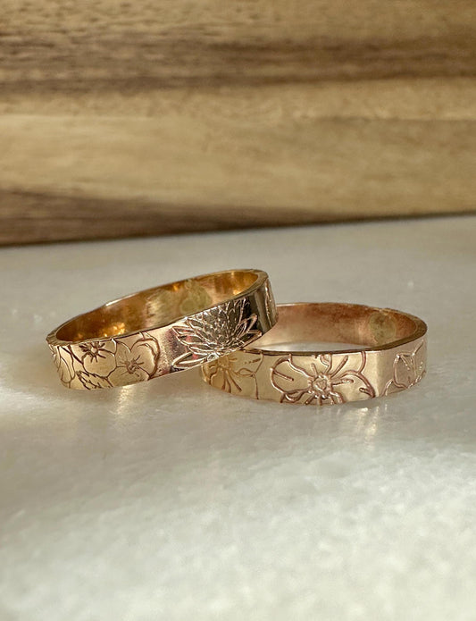 Hand Stamped Gold Birth Flower Ring, Gold Filled Floral Band, 4mm Thick Ring