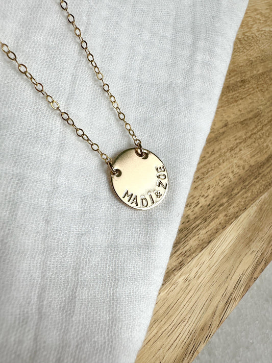 Personalized Name Disc Necklace, Gold Hand Stamped Necklace