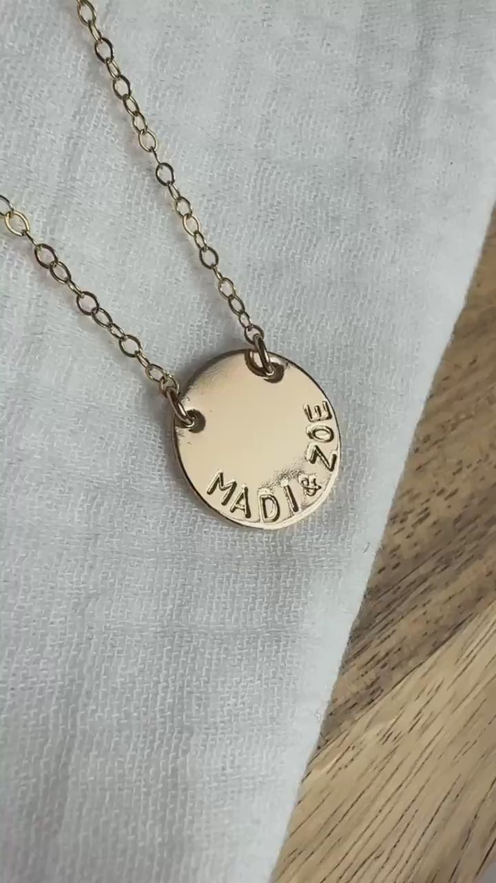 Personalized Name Disc Necklace, Gold Hand Stamped Necklace