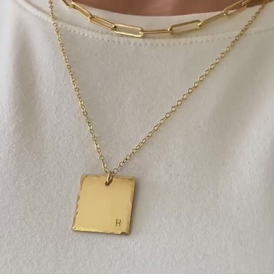 Gold Initial Pendant Necklace, Custom Square Initial Pendant Necklace