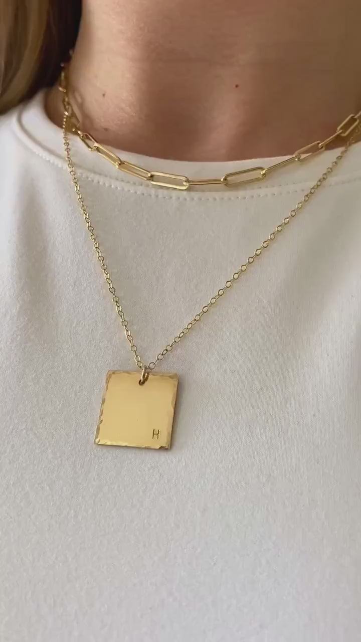 Gold Initial Pendant Necklace, Custom Square Initial Pendant Necklace